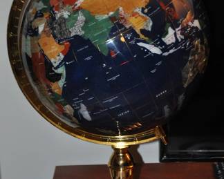 Large Vintage 22" Lapis and Gem Stone Inlaid World Globe on Heavy Brass Base
