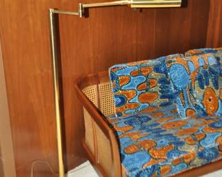 Mid Century Brass Pharmacy Lamp 48", Shown Beside the Amazing Erwin-Lambeth Caned Settee.