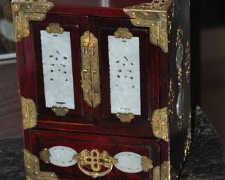 Elegant Chinese Wood and Brass Antique Jewelry Box with Carved Jade Accents.
