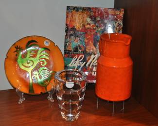 Vibrant Orange Ceramic Pitcher, Made in Italy, Shown with a Stunning Modern Kosta Boda Vase, an Enamel on Copper Rooster Design Plate and an Additional Fabulous Coffee Table Book!