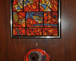 Gorgeous Stained Glass Needlepoint 14.5"x16.5",  Shown with a Vintage Israeli Ceramic Mobile 