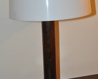 Another Amazing Mid Century Table Lamp with Wooden Column, Flat Domed White Shade and Stainless Circular Base, (18"H) Shade AS iS