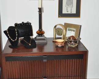 Another Gorgeous Two Drawer Stained Mahogany Chest by John Morgan for Perspectives Custom Cabinetry Shown with Great Home Decor and Jewelry!