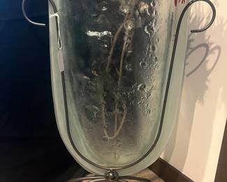 Fantastic Mark Hines Large Sculpture Glass Vase in Iron Stand, 25.25"H