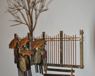 Wonderful Mid Century C. Jere Metal Wall Sculpture, "Bus Stop". Artist Signed.  19"W x 27"H