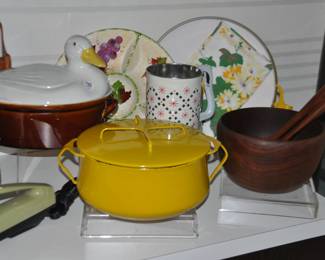 Wonderful Selection of Kitchen Serving Ware Including a Stako Teak Salad Bowl with Servers, Vintage Dansk Yellow Enamel Paella Pan and Covered Casserole, Vintage Hall and More!