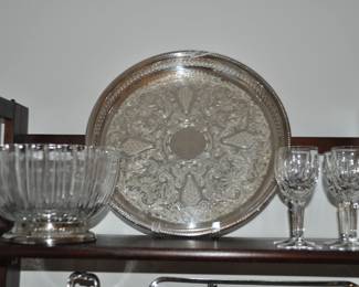 Great Vintage Silver Plate Serving Tray Shown with the Additional Waterford Wine Glasses and a Wonderful Serving Bowl.