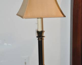 Up Close View of One of the Pair of Metal and Tortoise Lamps Available.