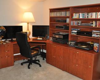  Spectacular L-Shaped Work Station by Woodlore International, Includes 7 Drawers and 2 Adjustable Hutches, Made in Canada.  106"W x 77"W x 24"Dx 70"H.