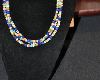 Beautiful Three Strand Necklace of Authentic Beads, Made of Lapis, Coral, Gaspeitz, Spiny Oyster and Turquoise with Matching Pierced Earrings!