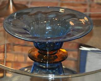 Vibrant Blenko Center Piece Pedestal Bowl in Blue and Amber Art Glass (14.5" D)