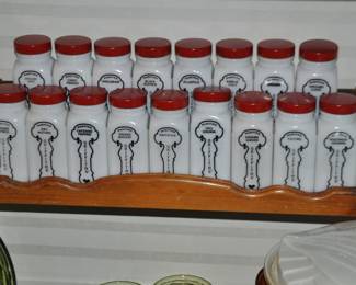 Rare!  Vintage Griffiths' Spice Jars in White Milk Glass with Red Tops, Circa 1950's: Set Includes Wooden Stand.