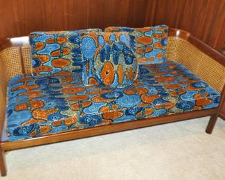 Phenomenal Mid Century Erwin-Lambeth Curved Walnut and Cane Settee, 59.75"W x 25.5"D x 24"H