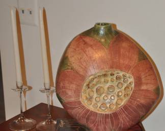 Wonderful Signed T&S Harlander (Brooklyn Ontario) Oversized Ceramic 15" Vase Shown with a Fantastic Marc Chagall Book and Dainty Glass Candlesticks.
