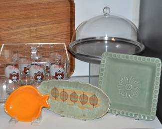 Let's go TIGERS!  Four Sets of Four 1968 Detroit Tigers Tumblers Available Shown with a Mid Century Lucite Covered Cake Holder, a Vintage Lucite Covered Lid and Walnut Covered Server and More Signed Shifra Pottery