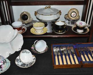 Wonderful English Cup and Saucer Collection Including Paragon, Hammersley, Antique Victoria and Royal Albert, Also Shown is an Antique Fish Fork and Knife Set, a Shelley Divided Serving Dish and a Johnson Bros. Covered Casserole Dish