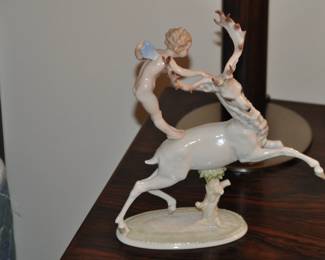 Rare Carl Werner Hutschenreuther Vintage Fine Porcelain Figurine of Deer Ridden by Angelic Cherub. (C. 1960)