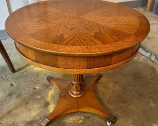 Beautiful Wooden Round Drum Pedestal Table on Casters.  24" Diameter x 22"H
