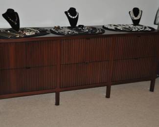 Phenomenal Maple Stained 5 Drawer Triple Dresser with one Tilt Down Front Door for AV Equipment by John Morgan for Perspectives Custom Cabinetry. 78.75"W x 32" H x 20"D. Shown with a Terrific Collection of Jewelry!