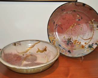 Rare John Glick, Plum Tree Pottery Large Bowl , 17" and Round Platter, 16.75"