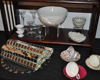 Very Cool Mosaic Tile Mirrored Place-mats, Shown with Vintage Cups and Saucers, a Wonderful Spode Embossed Serving Bowl and Petite Wedgwood and Lenox Items
