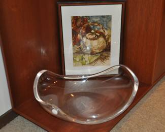 Fabulous Mid Century Oversized 18.5" Astrolite Center Piece Bowl Shown with a Wonderful Signed Art Piece (13” x 17”).