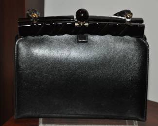 Fabulous Sheldon's Black Leather Vintage Handbag with Black Bakelite Clasp