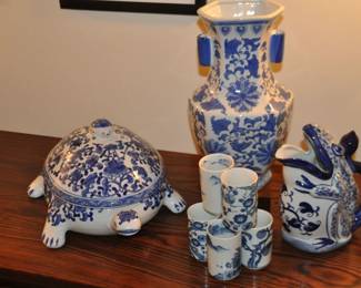 Bombay & Co Large Blue and White Chinoiserie Ceramic Turtle Tureen Shown with a Set of Vintage OMC Porcelain Tea/Sake Cups, a Vintage Blue & White Porcelain Frog Vase/Water Pitcher and a Vintage Large Blue and White Ceramic Porcelain Chinoiserie Vase.