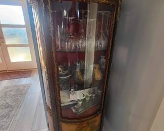 Antique French vitrine curio cabinet with hand painted detail and brass mounts