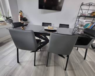Modern Zuri Burton dark glass extension dining table & 6 modern Zuri leather dining chairs 