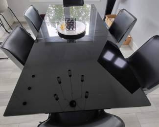Modern Zuri Burton dark glass extension dining table & 6 modern Zuri leather dining chairs 