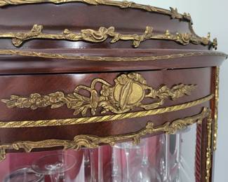 Antique French vitrine curio cabinet with hand painted detail and brass mounts
