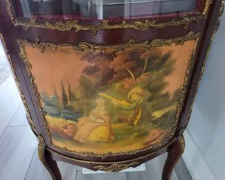Antique French vitrine curio cabinet with hand painted detail and brass mounts

