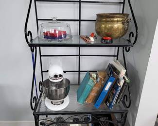 Wrought iron and glass bakers rack. 