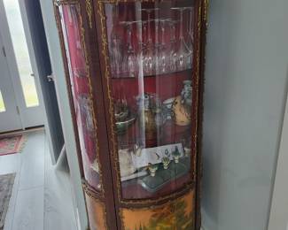 Antique French vitrine curio cabinet with hand painted detail and brass mounts
