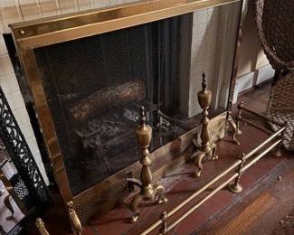 BRASS FIREPLACE ANDIRONS AND FENDER