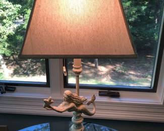 Distreesed Cream Colored Wrought Iron Mermaid Table Lamp with Shade