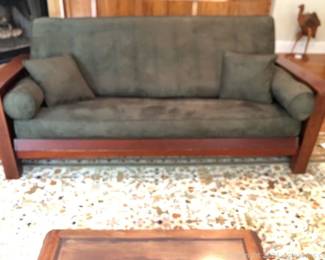 Handsome Wooden Futon Daybed with Forest Green Velour Upholstery