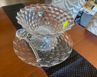 Vintage Fenton punch bowl and matching tray. Glass ladle.  Rare.  More rare to find in pristine condition with  matching tray. 