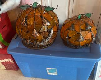 Pumpkins! Includes matching tray of votive candles. After taking pics, I discovered a third matching pumpkin. (Same size as smaller)