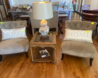 Matching velvet side chairs. High end quality Gordon side table. Beautiful wood. 