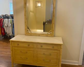 Thomasville painted, bamboo chest and mirror. Highest quality. Very desirable in today’s decor. Rare. 