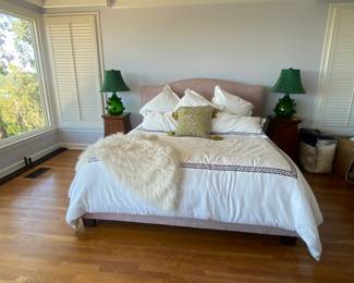 King bed, mattress, comforter.  
Matching mission style night stands. 