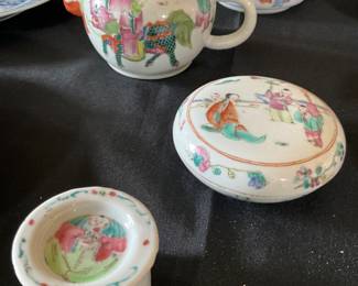 Chinese famille Rose Qing Dynasty Teapot “Master riding Foo Dog”-$350