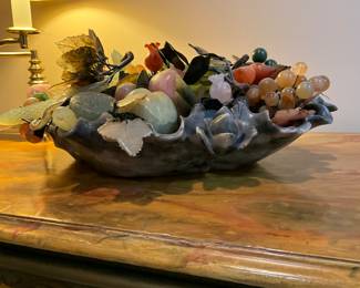 Chinese Hardstone Fruit in Carved Hardstone Lotus bowl-$500