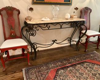 Pair George III Chinoiserie single hole caned chairs-$800 pr.                                                                                                              French wrought iron & marble top console-$600