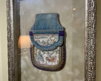 Antique Chinese Qing Dynasty hand embroidered framed pouch-$200