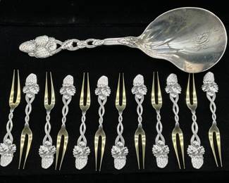 Tiffany Sterling Strawberry pattern Serving Spoon w/12 seafood forks-$1,000 set