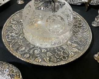 Kirk & Son Sterling 1910 Pimlico Horse Racing trophy plate w/etched glass cheese dome-$500