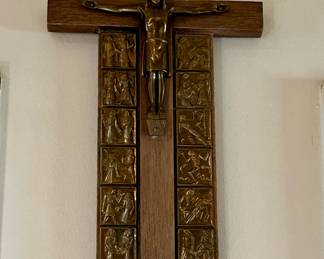 Vintage stained wood and brass German Crucifix with 14 Stations of the Cross